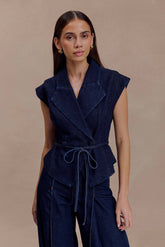 Charley Structured Tie Denim Top - Indigo Blue