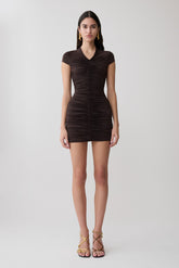 Alphine Gathered Short Sleeve Mini Dress - Chocolate